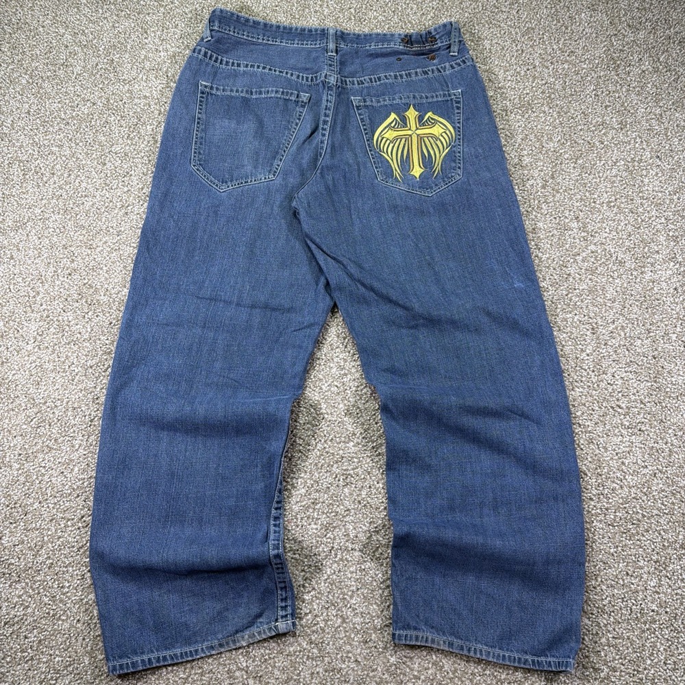 Y2K Ecko Unltd Jeans Angel Wings Cross Embroidered Baggy Loose Fit 38/32 Hiphop